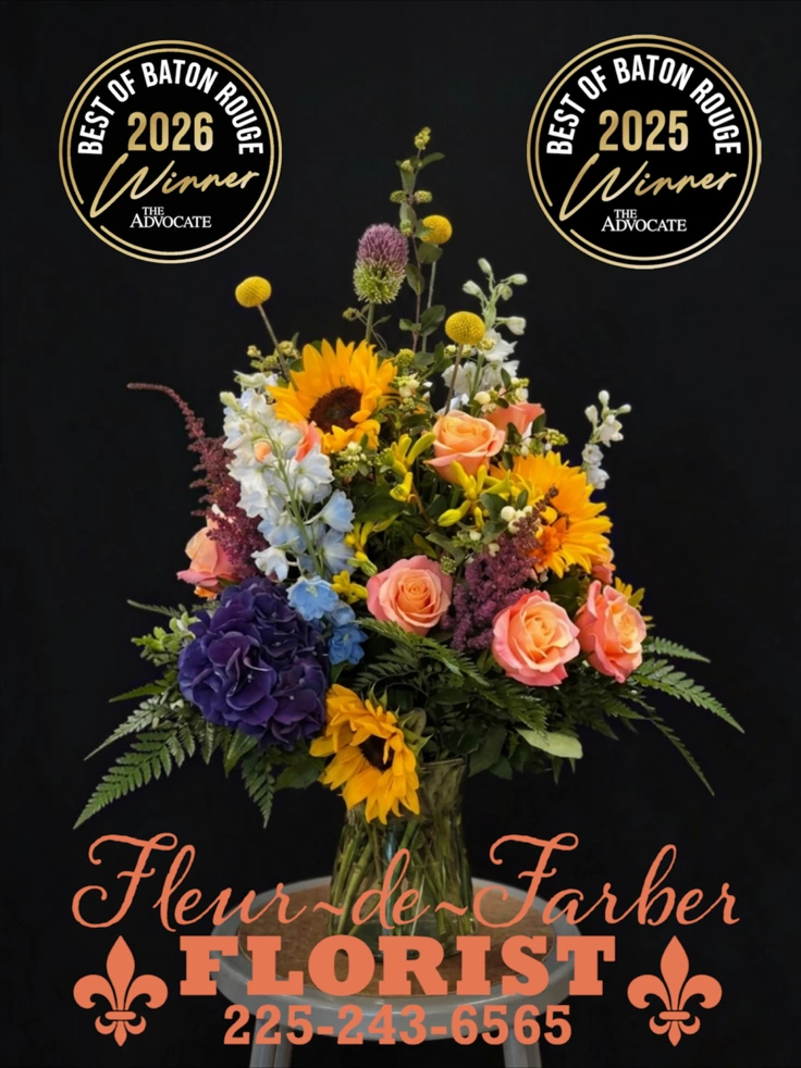 Fleur-de-Farber Florist floral arrangement with Best of Baton Rouge 2025 and 2026 awards