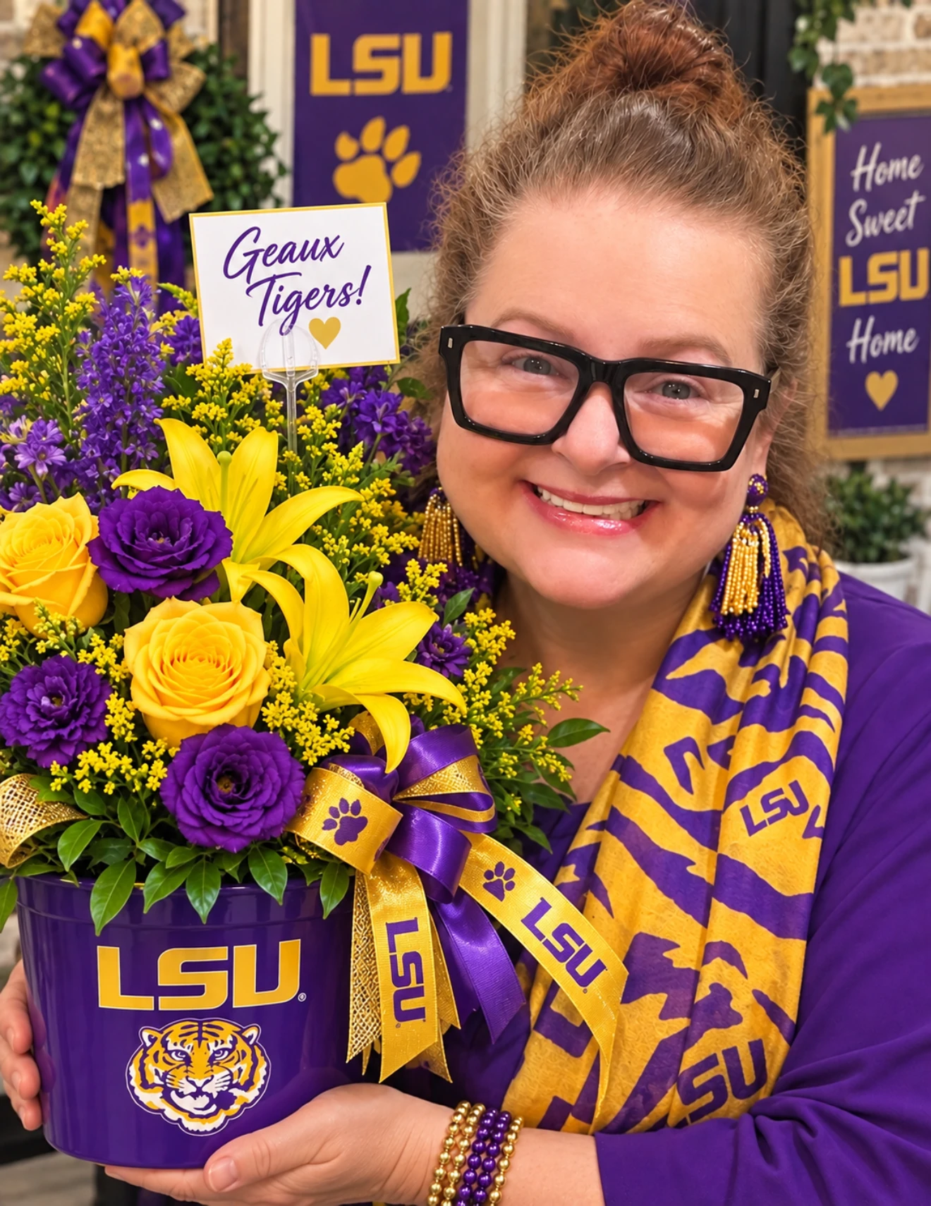 Kathy Watson Farber with an LSU floral design