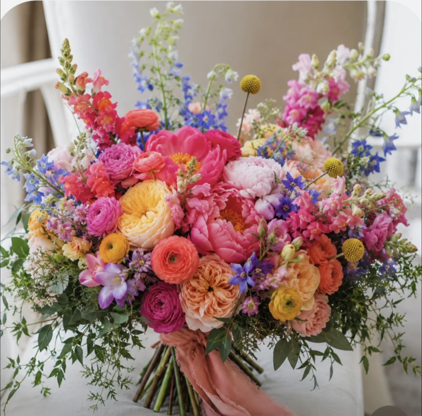Colorful garden-style floral design by Fleur de Farber